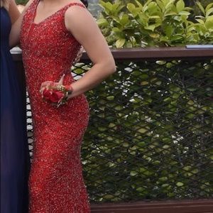 Red Mac duggal fully beaded prom dress